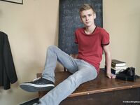 Cute student Sanchez Paolo strips naked in the classroom and cho*kes the monkey