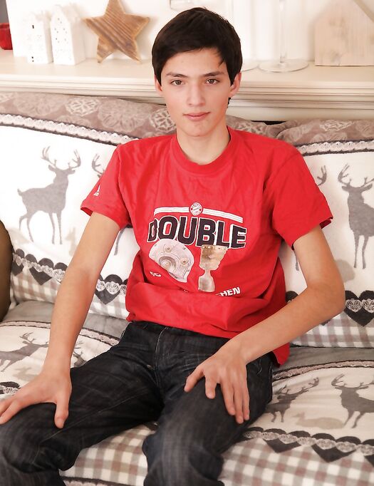 Skinny twink Jake Vosnik strips naked while playing with his hard dick